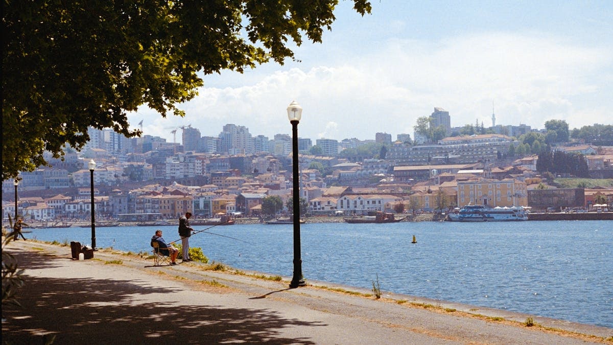 Two people fish by the riverside under trees with Porto's cityscape in view.